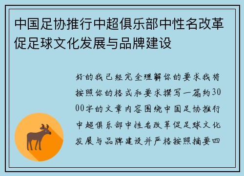 中国足协推行中超俱乐部中性名改革促足球文化发展与品牌建设
