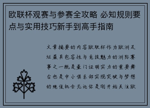 欧联杯观赛与参赛全攻略 必知规则要点与实用技巧新手到高手指南